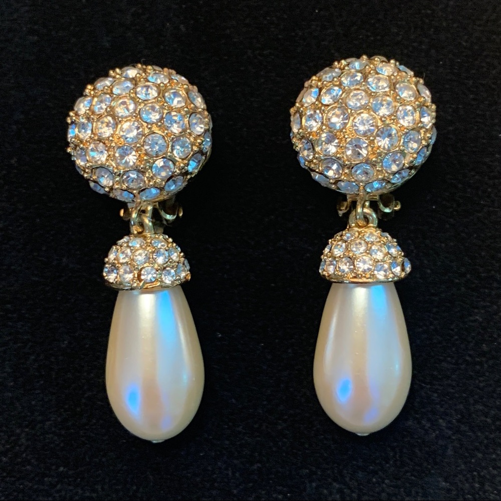 Vintage St. John Pearl Drop Swarovski Crystal Earrings